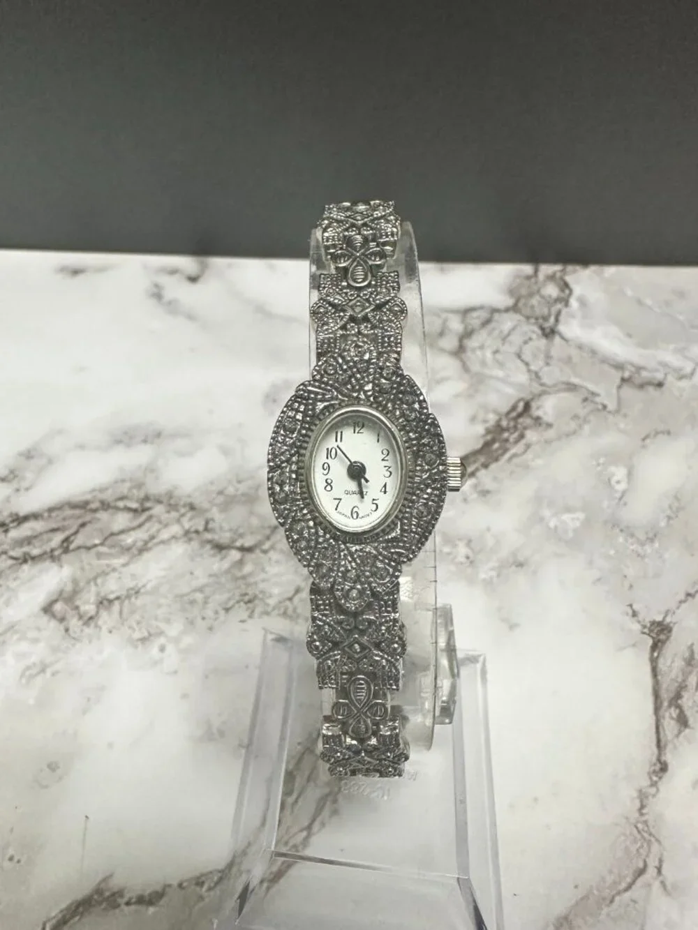 Marcasite Watch Silver Tone Oval Case Ornate Dressy New Battery 8 Inch